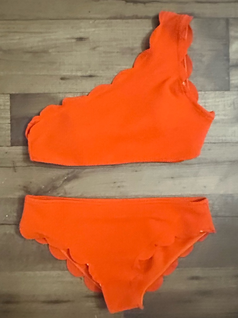 Bright Orange Scalloped Bikini Set One Shoulder High Waisted L